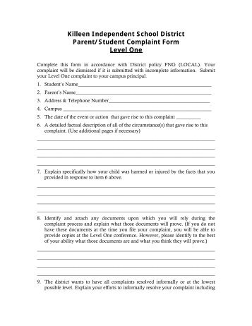 Killeen Independent School District Parent/Student Complaint Form ...