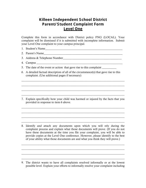 Killeen Independent School District Parent/Student Complaint Form ...