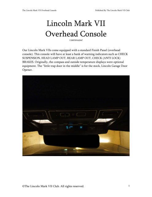 Overhead Console (finish panel) - The Lincoln Mark VII Club