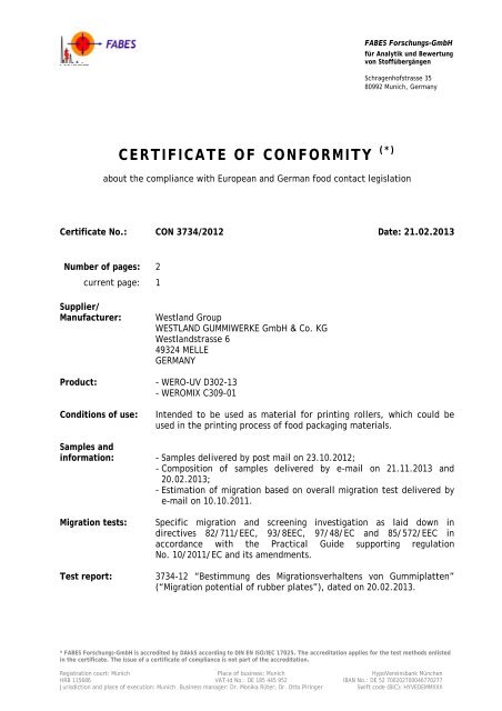 certificate of conformity - Westland Gummiwerke GmbH & Co. KG