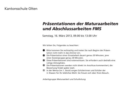 Präsentationen der Maturaarbeiten und Abschlussarbeiten FMS