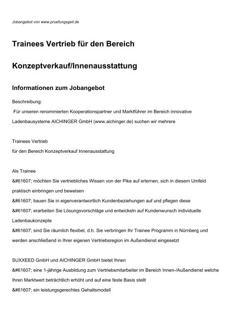 Trainees Vertrieb für den Bereich Konzeptverkauf/Innenausstattung