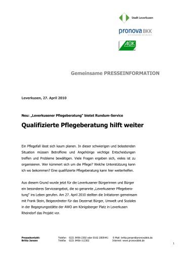 Qualifizierte Pflegeberatung hilft weiter - pronova BKK