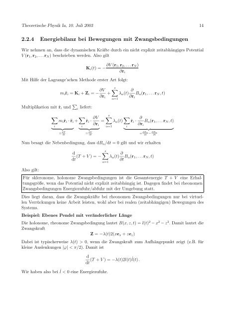 Manuskript zur Theoretischen Physik Ia - Institut für Theoretische ...