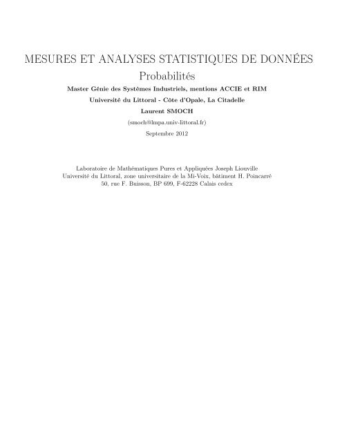 MESURES ET ANALYSES STATISTIQUES DE DONNÃES ... - LMPA