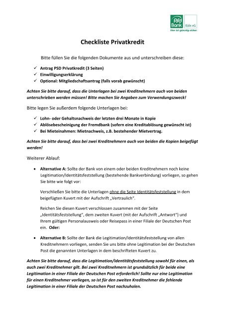 Checkliste Privatkredit - PSD Bank Köln eG