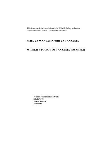 sera ya wanyamapori ya tanzania wildlife policy of tanzania (swaheli)