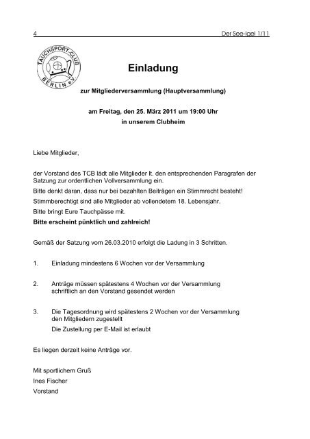 Einladung - Tauchsport-Club Berlin e.V.