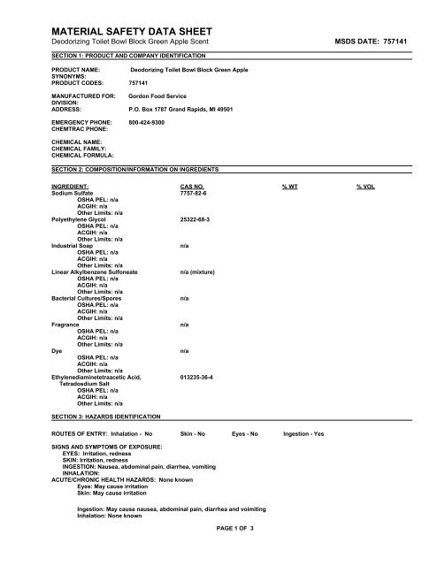 MATERIAL SAFETY DATA SHEET - Gordon Food Service