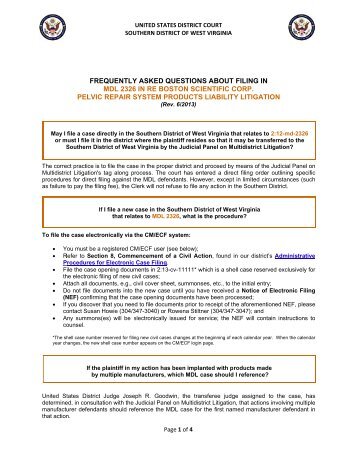 FAQs About Filing in MDL 2326 - Southern District of West Virginia