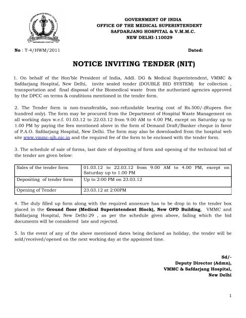 NOTICE INVITING TENDER (NIT) - Safdarjung Hospital