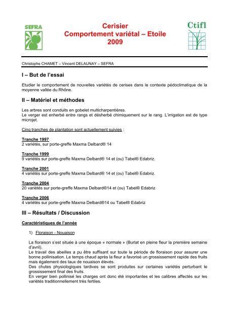 Cerisier Comportement variÃ©tal â Etoile 2009