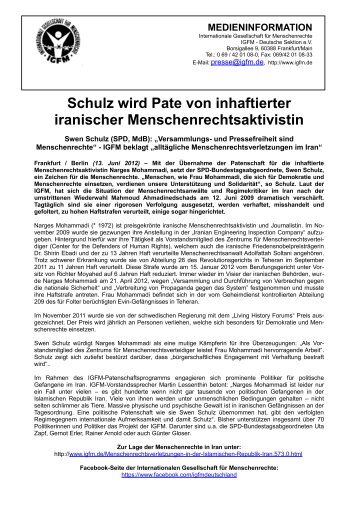 Schulz wird Pate von inhaftierter iranischer ... - Schulz, Swen