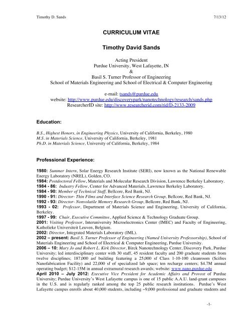 CURRICULUM VITAE Timothy David Sands - Purdue University