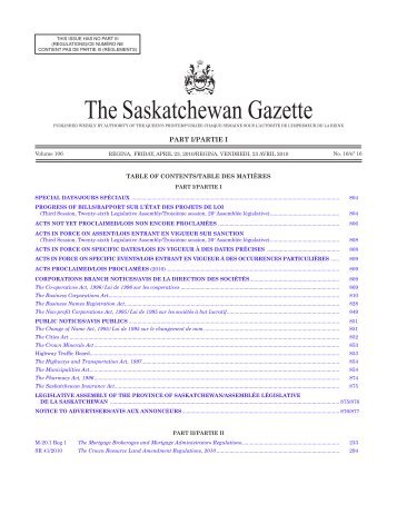 Sask Gazette, Part I, April 23, 2010 - Queen's Printer