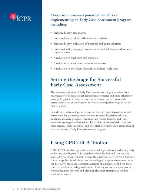 Corporate Early Case Assessment Toolkit - CPR Institute for Dispute ...