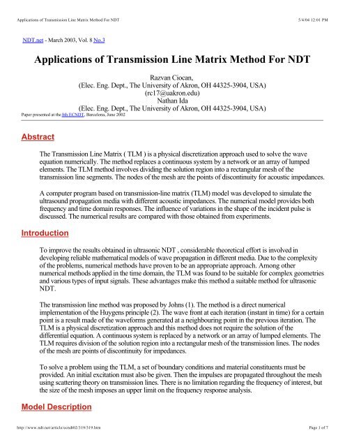 Applications of Transmission Line Matrix Method For NDT