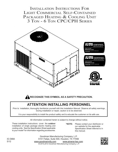 3 TON - 6 TON CPC/CPH SERIES - Goodman