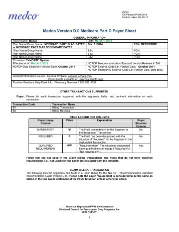 Medco Version D.0 Medicare Part D Payer Sheet - Express Scripts