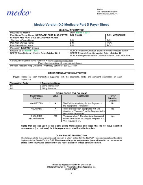 Medco Version D.0 Medicare Part D Payer Sheet - Express Scripts
