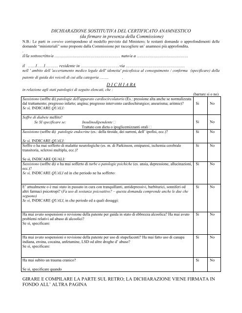 dichiarazione sostitutiva del certificato anamnestico - ASL n.3 ...