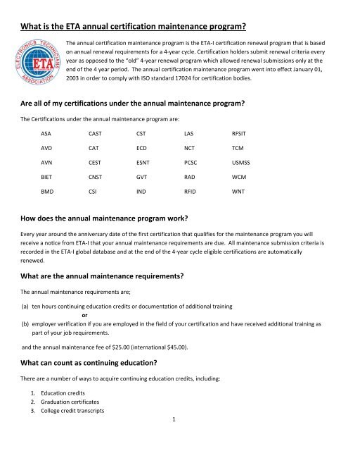 What is the ETA annual certification maintenance ... - ETA International