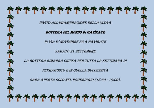 Invito all'inaugurazione della nuova Bottega del Mondo di Gavirate ...