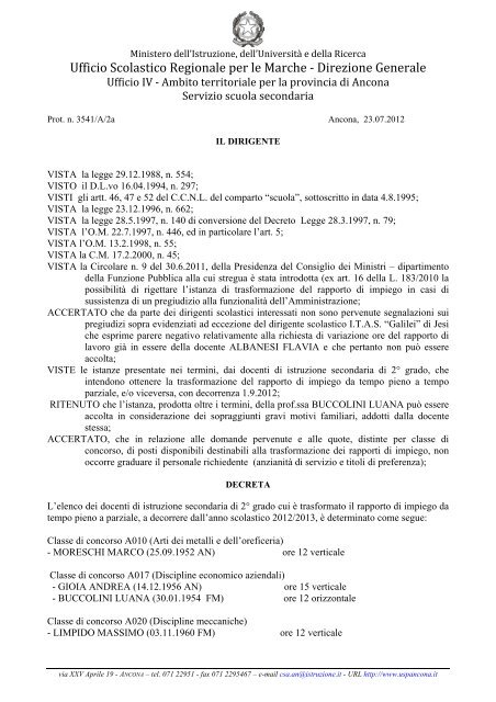 decreto part time 2012 - Ufficio Scolastico Regionale per le Marche