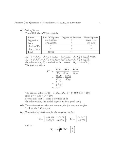 1 Quiz Practice Questions 7 (Attendance 14) for Statistics 514 ...