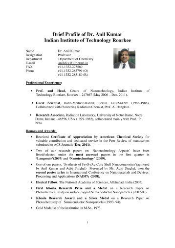 Brief Profile of Dr. Anil Kumar Indian Institute of Technology Roorkee