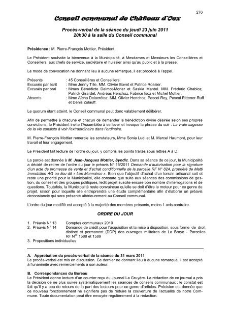 ProcÃ¨s-verbal de la sÃ©ance du 23 juin 2011 - ChÃ¢teau-d'Oex