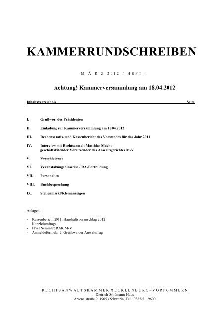 Achtung! Kammerversammlung am 18.04.2012