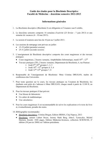 Enseignement de Biochimie MÃ©dicale â FacultÃ© de MÃ©decine - UMF