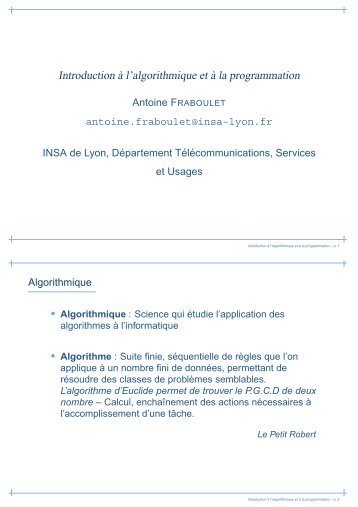 Introduction Ã  l'algorithmique et Ã  la programmation - INSA de Lyon