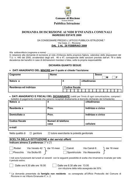 Modulo d'iscrizione - Comune di Riccione