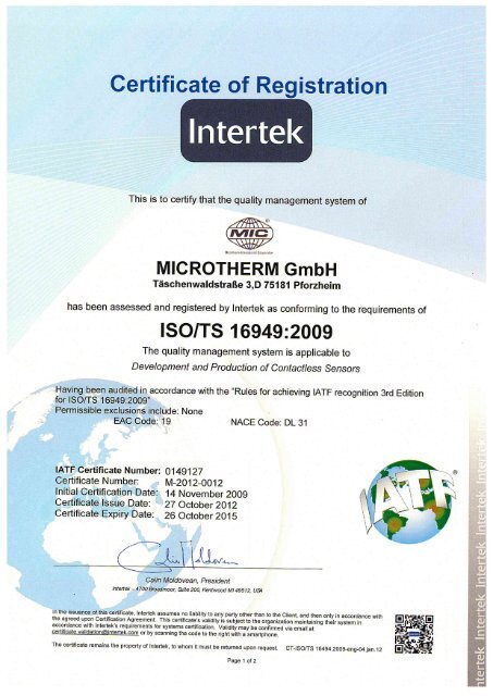 Certificate Iso Ts 16949 2009 Pdf Microtherm