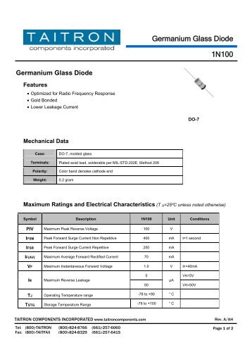 1N100 Germanium Glass Diode - Taitron Components, Inc.