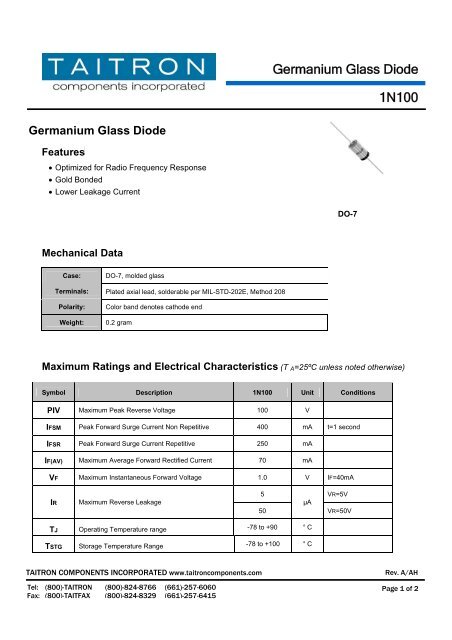 1N100 Germanium Glass Diode - Taitron Components, Inc.