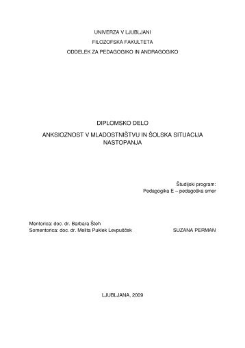 diplomsko delo anksioznost v mladostniÅ¡tvu in Å¡olska situacija ...