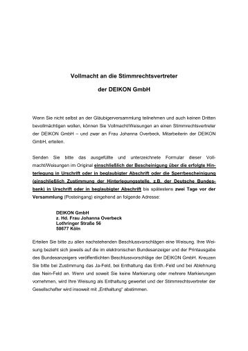 Vollmacht an die Stimmrechtsvertreter der DEIKON GmbH