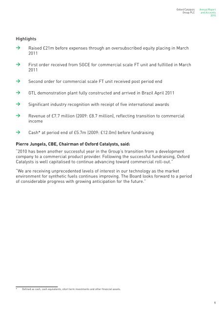 Oxford Catalysts Group PLC Annual Report and Accounts 2010