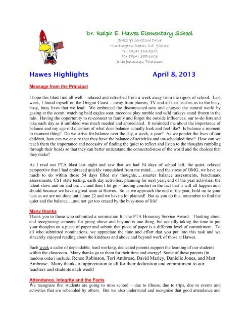 Dr. Ralph E. Hawes Elementary School Hawes Highlights April 8 ...