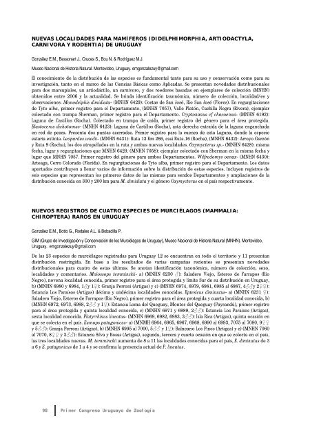Primer Congreso Uruguayo de Zoología - Sociedad Zoológica del ...