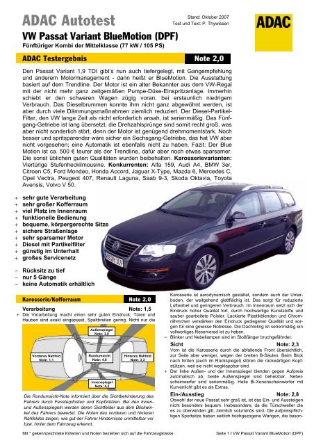 Umfassender Test VW Passat Variant BlueMotion (DPF) - ADAC