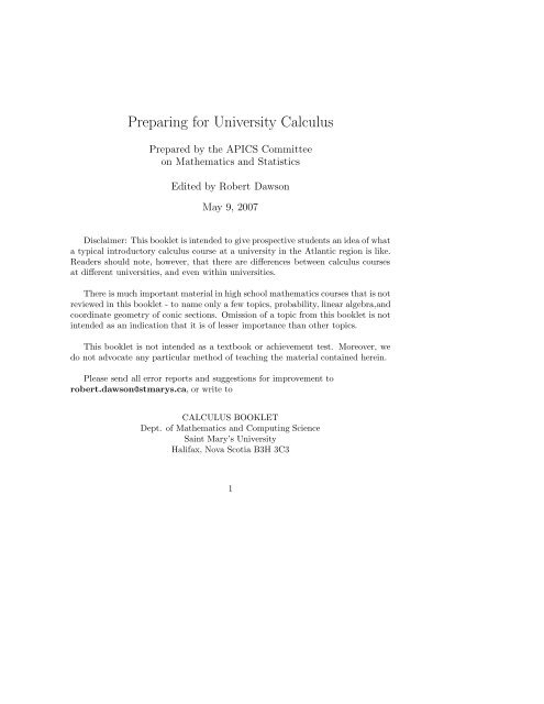 Preparing for University Calculus - Math and Computer Science