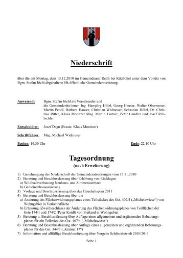 Niederschrift Tagesordnung - Reith bei Kitzbühel