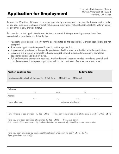 Application for Employment - Ecumenical Ministries of Oregon