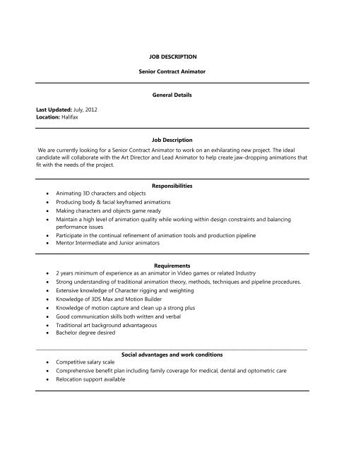JOB DESCRIPTION Senior Contract Animator ... - Longtail Studios JOB DESCRIPTION Senior Contract Animator ... - Longtail Studios