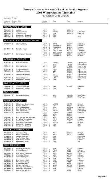 2004 Winter Session Timetable - the Faculty of Arts & Science