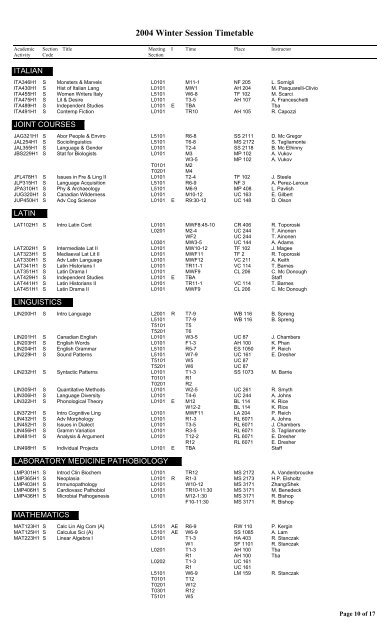 2004 Winter Session Timetable - the Faculty of Arts & Science